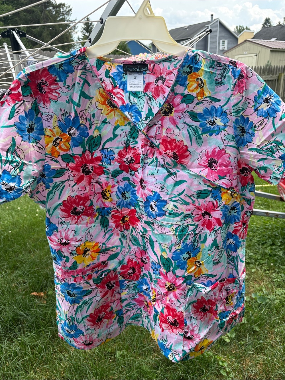 Cherokee Floral Scrub Top - Pink Blue Yellow Multi